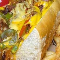 The Shoppe'S Classic Cheesesteak · thin sliced steak, American cheese, onions, peppers