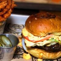 Big Hop Burger · Special sauce, American cheese, diced onions, pickles, pickle dipped lettuce and tomato. Ser...