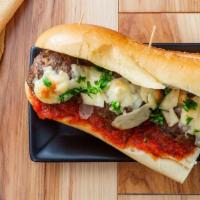 Meatball Hero Sandwich · House-made meatballs, savory marinara sauce, and melted mozzarella cheese served on fresh-ba...