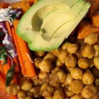 Chickpea Curry Bowl · CURRY CHICKPEAS! Served with basmati rice, sweet potatoes and  mixed vegetables in a  rich t...