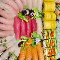Holiday Party Tray For 4 · 24 pieces sushi and 4 rolls: mango dragon roll, Mexican roll, shrimp tempura roll and Califo...