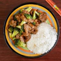 Beef With Broccoli · Served with rice.