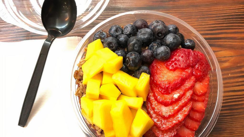 Mix Berries Acai Bowl (Vegan) · Base: organic acai juice, organic acai berries, banana toppings: mango, seasonal berries, crispy almond granola
