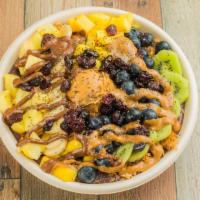 Super Acai Bowl · Base: organic acai juice, organic acai berries, banana, toppings: kiwi, pineapple, mango, ba...