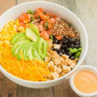 Chipotle Grain Bowl · Romaine hearth, pico de gallo,black beans, corn, shredded cheddar, avocado on the top, chipo...