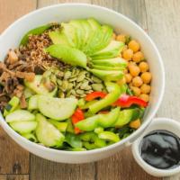 Vegan Buddha Grain Bowl · Mix green, chickpeas, cucumber, bell pepper,  mushrooms, pumpkin seeds, avocado on the top, ...