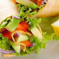 Avocado Garden Wrap · Avocado, bell pepper, red onions, red cabbage and parsley.