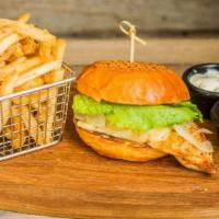 Spicy Chipotle Chicken Burger · Spicy chipotle sauce chicken breast, grilled onion, pepper jack cheese, green leaf, and chip...