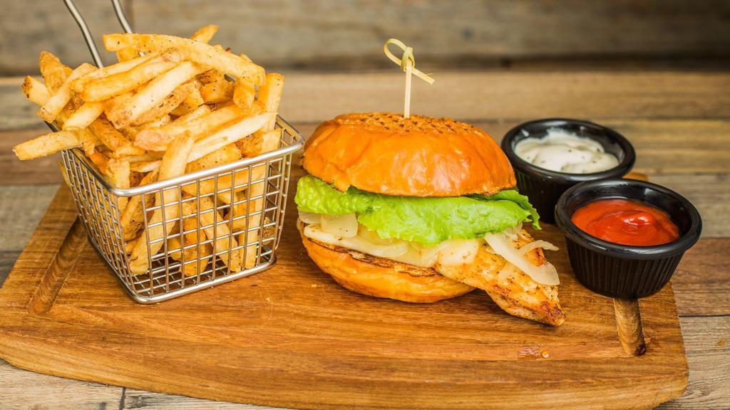 Spicy Chipotle Chicken Burger · Spicy chipotle sauce chicken breast, grilled onion, pepper jack cheese, green leaf, and chipotle mayo sauce, brioche bun, comes with fries or salad.