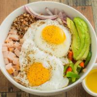 Egg And Avocado Quinoa Bowl · 2 eggs, turkey, onion, bell pepper, served gluten-free quinoa.