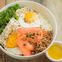 Salmon Crush Bowl · 2 eggs, smoked salmon, kale, goat cheese, capers, and balsamic vinegar, served with gluten-f...