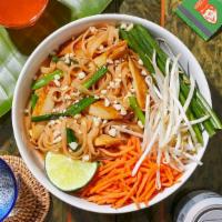 Chicken Pad Thai · Stir-fried rice noodles with chicken, scallions, bean sprouts, scrambled egg, and crushed pe...
