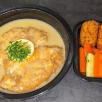Chicken Francese · Sauteed in white wine, shallots, garlic, fresh herbs. Served with vegetable and potato.