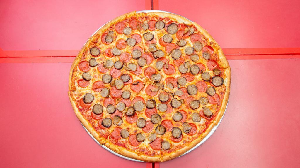 Sausage Pepperoni Pizza · Sausage and pepperoni.