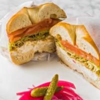 Smoked Salmon Sandwich · Smoked salmon, cream cheese, butter lettuce and pickled onion. Add a bagel or house baked cr...