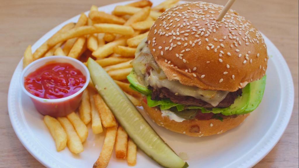 Tex-Mex Burger · Cooked onions and jalapeños, pepper jack cheese, avocado, pico de gallo and mayo.