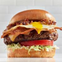 Hangoverburger* · Sharp cheddar, lettuce, tomato, applewood smoked bacon, fried egg over-easy, bacon jam brioc...