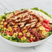 Bbq Chicken Cobb Salad · Romaine and iceberg lettuce topped with chopped BBQ grilled chicken, charred corn salsa, smo...