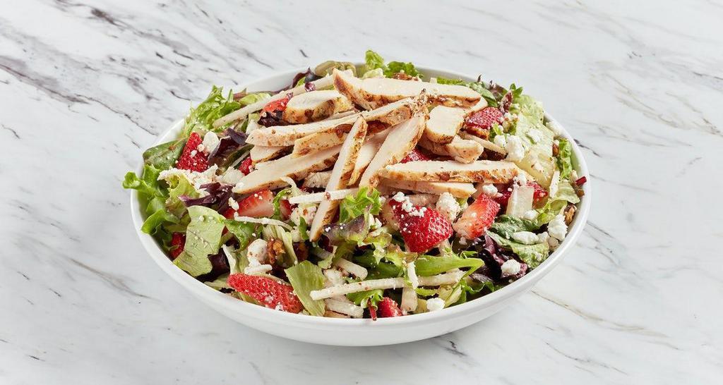Grilled Chicken And Strawberry Salad · Mixed green lettuces topped with wood grilled chicken, strawberries, goat cheese, jicama, San Saba Farms spiced pecans. Served with balsamic vinaigrette dressing on the side.