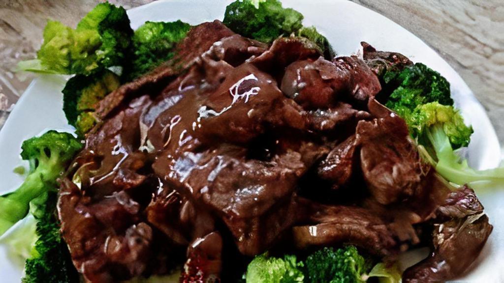 Beef Broccoli · everyone's favorite. tasty beef sitting on bed of fresh blanched broccoli.