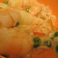 Shrimp W/ Lobster Sauce · 3 pcs. shrimp with rich egg white sauce and peas