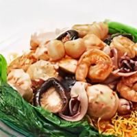 House Chow Mein · perfect blend of seafood and meats with ample gravy on chow mein