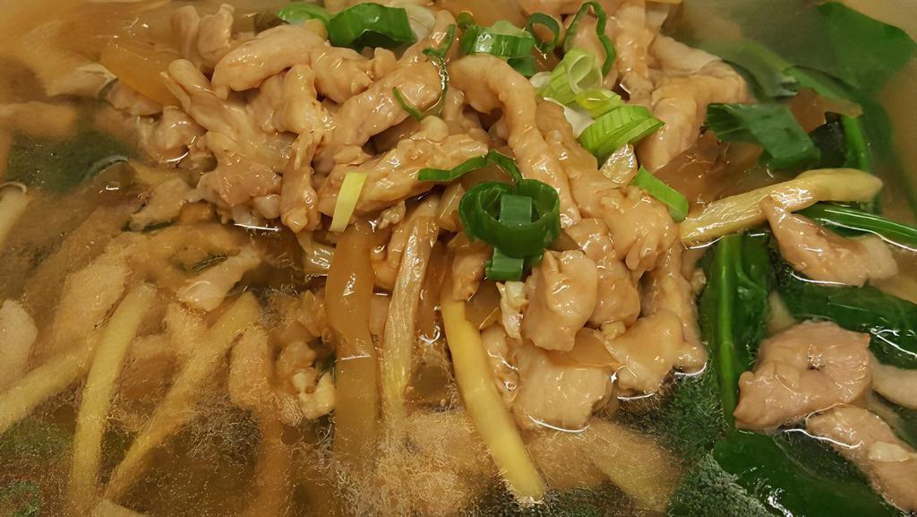 Szechuan Pickle Noodle Soup (Meat/ Veggie Version) · szechuan pickle, select sliced pork or veggie with egg noodle or rice noodle, delicious in a rich broth.