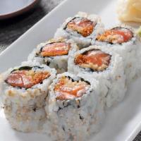 Crunchy Spicy Salmon* Roll · Salmon* mixed with spicy mayo combined with cucumber, rolled in seaweed and rice