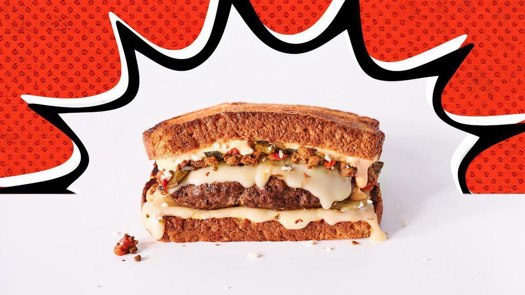 Southwestern Melt · Hamburger patty, chorizo, pepper jack cheese, queso fresco, roasted jalapeños, poblano peppers, red peppers and Awesome Sauce on wheat bread.