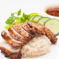 Roasted Chicken · Thai style Roasted Boneless Chicken thighs, served w/ Ginger Rice,  Lettuce, Tomato, Cucumbe...