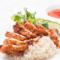 Crispy Fried Chicken Bowl · (GAI-TODD) Crispy boneless chicken thigh with ginger rice, lettuce, tomato, cucumber & a sid...
