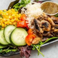 Mushroom Bowl · Mixed greens topped with Roasted Mushroom, cherry tomato, Corn,  fresh cucumbers & ginger ri...