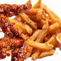 Sticky Tenders (8Oz) & Fries · 3PCS Jumbo Chicken breast tenders tossed in our homemade sticky sauce served with a side of ...