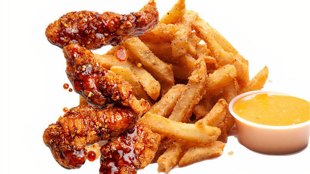 Sticky Tenders (8Oz) & Fries · 3PCS Jumbo Chicken breast tenders tossed in our homemade sticky sauce served with a side of fries & spicy mayo. ** COOKED TO ORDER 5-6mns **