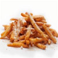 Truffle Parm Fries · Crispy crunchy fries tossed in white truffle oil, topped with Parmesan cheese