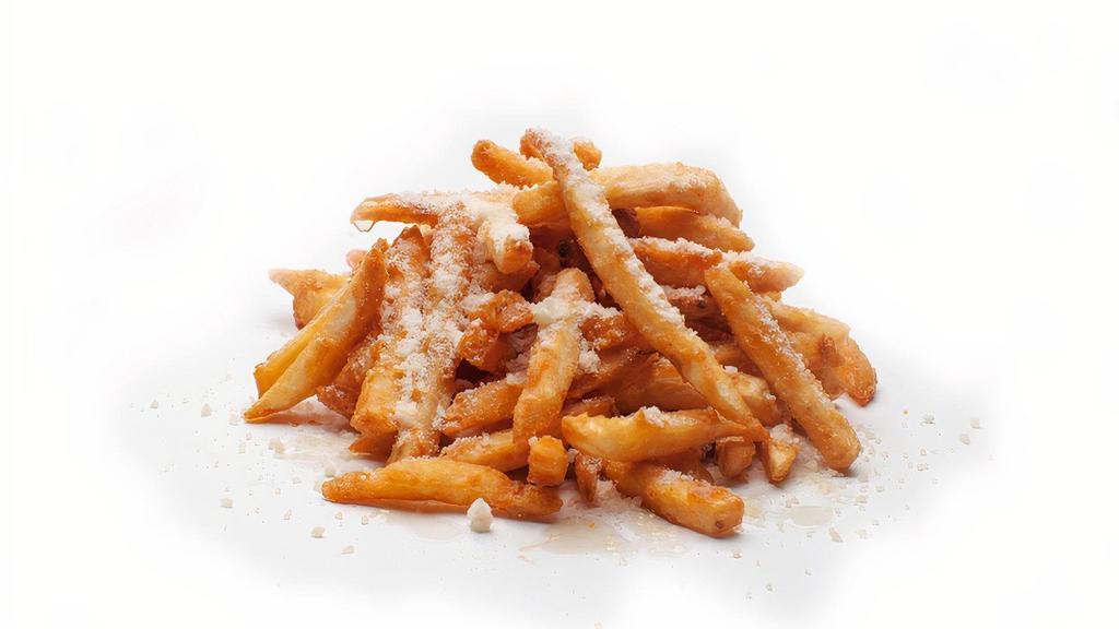 Truffle Parm Fries · Crispy crunchy fries tossed in white truffle oil, topped with Parmesan cheese