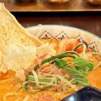 Singapore Curry Laksa  Soup 🌱 💚 🌾 🌶️ · Medium spicy (as-is). A rich curry coconut milk broth. Soup cannot be altered. Contains egg ...