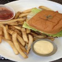Vegetarian Burger Deluxe
 · Vegetarian. Veggie patty, lettuce, tomato, dijonnaise sauce, and French fries.