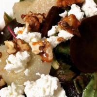 Goat Cheese & Pear Salad · Mixed greens served with goat cheese, pears, beets, candied walnuts and raspberry vinaigrette.