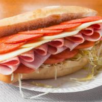 Italian Combo Sandwich · Ham, salami, pepperoni, provolone cheese, roasted peppers, lettuce, tomato, oil and vinegar.