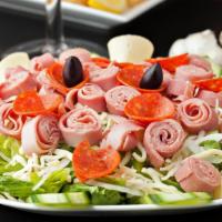 Antipasto Salad · A bed of your choice of crisp lettuce topped with ripe tomatoes, cucumbers, red onions, blac...