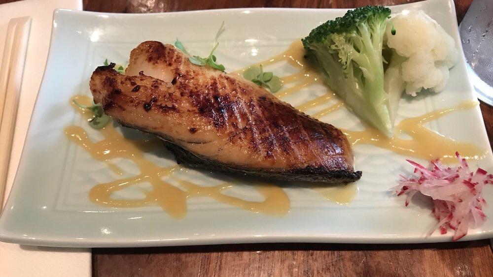 Black Cod · Broiled cod marinated in Saikyo miso. Served with miso soup and a side of rice.