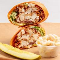 Atlantic Wrap · Chicken cutlet, Cheddar, bacon, mix green, tomato, and ranch. Served with pickle and side of...