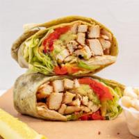 Boogie Woogie Wrap · Grilled chicken, mix greens, avocado, roasted pepper, Cheddar, and creamy Italian. Served wi...