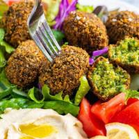Falafel Platter ( 6 Pieces) Vegan · Served with Greek salad and your choice of pita, lemon potatoes ,rice,fries,or roasted veget...