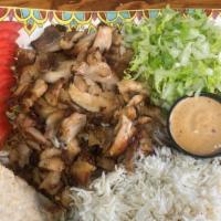 Grilled Chicken Platter · Served with Greek salad and your choice of pita, lemon potatoes or rice