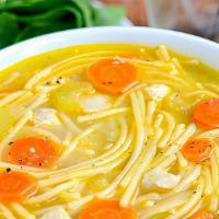 Noodle Soup · Chicken, celery, carrots, salt, black pepper, served with choice of pita. (16 oz).