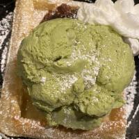 Matcha Waffle · Belgium waffle with matcha green tea ice cream, sweet Japanese red bean, whip cream and snow...