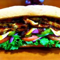 Bbq Grilled Chicken Sandwich · Serve with cheese, mayonnaise, lettuce, tomatoes, fry onion, and peppers.