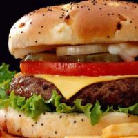 Cheese Burger With Fries And Free Can Soda · Serve with mayonnaise, ketchup, lettuce, tomatoes, fry onion